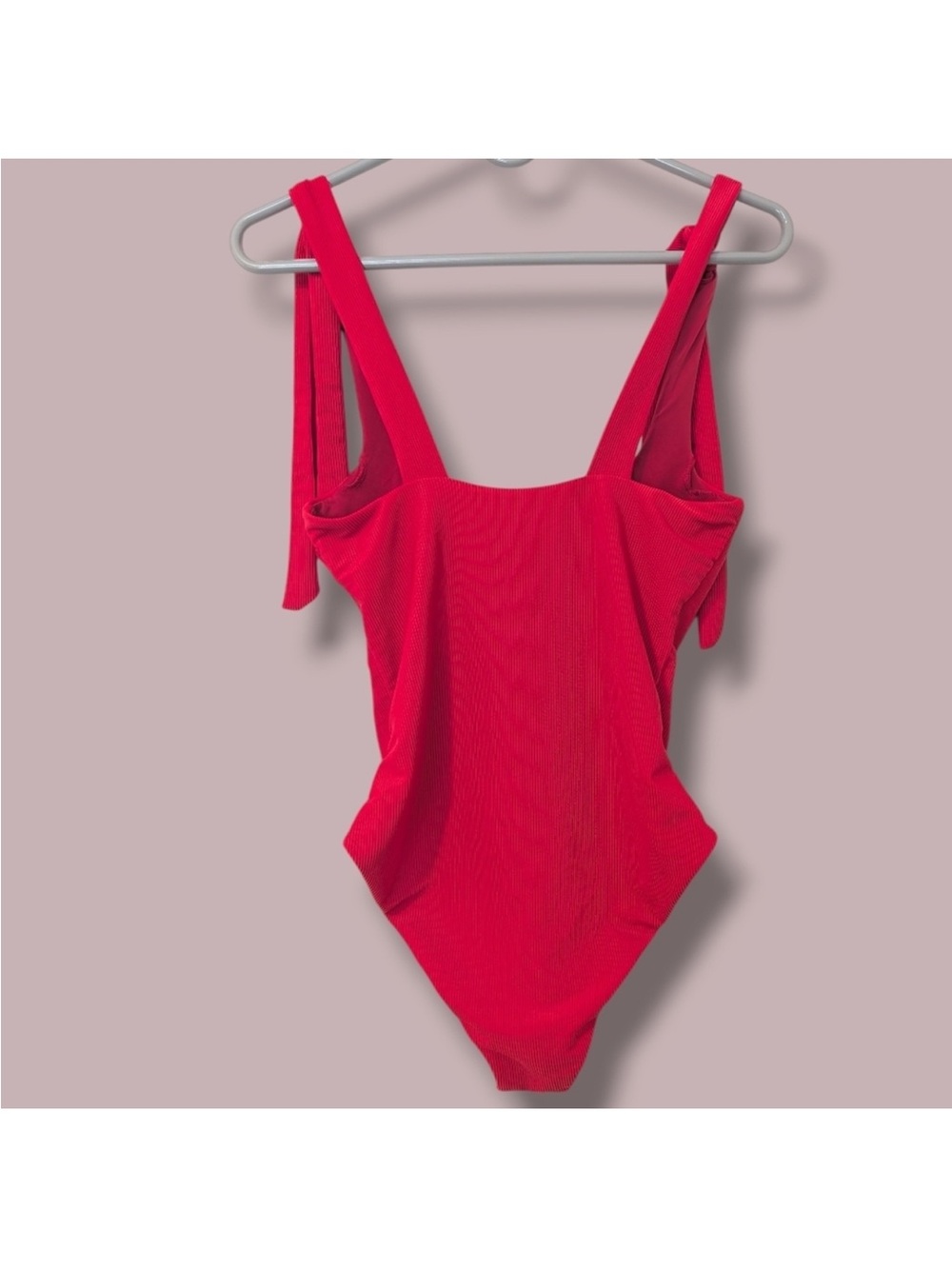 Beach Riot Red Ribbed Tie Shoulder Square Neck Cheeky One-Piece Sydney Swimsuit - Picture 2 of 6
